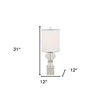 31" Clear And Silver Faux Crystal Geometric Table Lamp LED With White Drum Shade