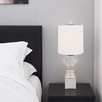 31" Clear And Silver Faux Crystal Geometric Table Lamp LED With White Drum Shade