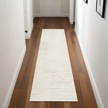 8' Cream and Beige Abstract Distressed Runner Rug