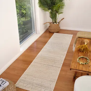 8' Gray And Beige Geometric Distressed Runner Rug