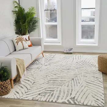 5' X 8' Gray and Cream Botanical Leaves Area Rug