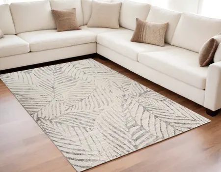 5' X 8' Gray and Cream Botanical Leaves Area Rug