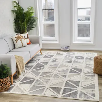 7' X 10' Gray and Cream Geometric Distressed Area Rug