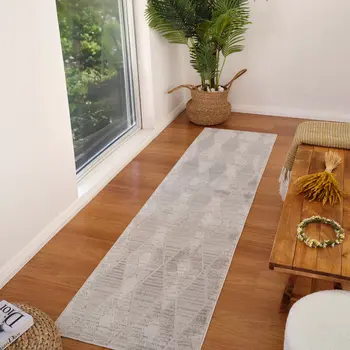 8' Gray And Ivory Geometric Distressed Runner Rug