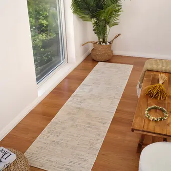 8' Gray And Beige Geometric Distressed Runner Rug