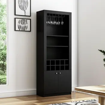 75" Black Wood Bar Cabinet With Two Doors