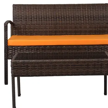 Four Piece Outdoor Dark Brown Wicker Sofa Seating Group with Orange Cushions