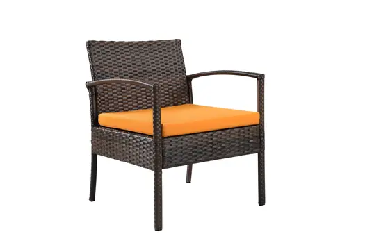 Four Piece Outdoor Dark Brown Wicker Sofa Seating Group with Orange Cushions