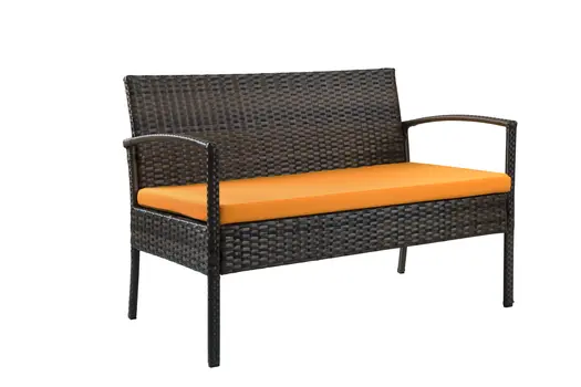 Four Piece Outdoor Dark Brown Wicker Sofa Seating Group with Orange Cushions