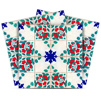 8" x 8" Gold Red White and Steel Blue Bell Mosaic Peel and Stick Removable Tiles