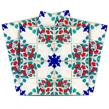 8" x 8" Gold Red White and Steel Blue Bell Mosaic Peel and Stick Removable Tiles