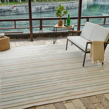 8' X 10' Cream and Beige Striped Distressed Indoor Outdoor Area Rug