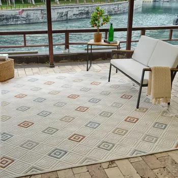 8' X 10' Cream and Beige Geometric Distressed Indoor Outdoor Area Rug