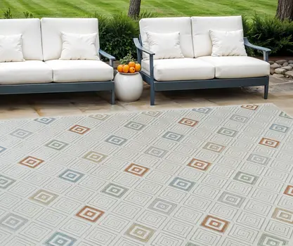 8' X 10' Cream and Beige Geometric Distressed Indoor Outdoor Area Rug