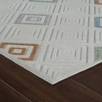8' X 10' Cream and Beige Geometric Distressed Indoor Outdoor Area Rug