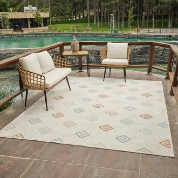8' X 10' Cream and Beige Geometric Distressed Indoor Outdoor Area Rug