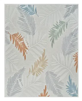 5' X 7' Cream and Beige Botanical Leaves Distressed Indoor Outdoor Area Rug