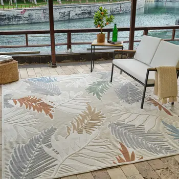 5' X 7' Cream and Beige Botanical Leaves Distressed Indoor Outdoor Area Rug