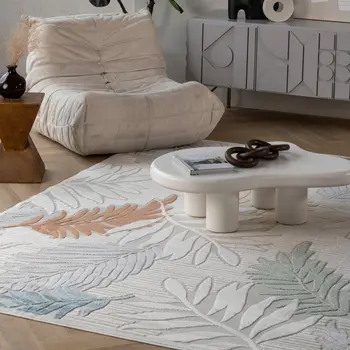 5' X 7' Cream and Beige Botanical Leaves Distressed Indoor Outdoor Area Rug