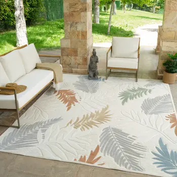 8' X 10' Cream and Beige Botanical Leaves Distressed Indoor Outdoor Area Rug