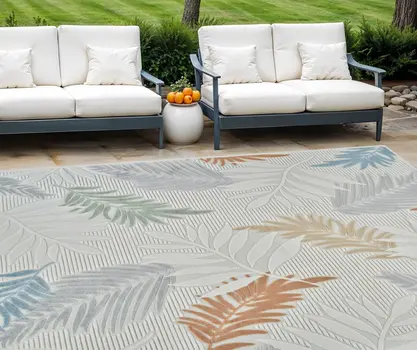 8' X 10' Cream and Beige Botanical Leaves Distressed Indoor Outdoor Area Rug