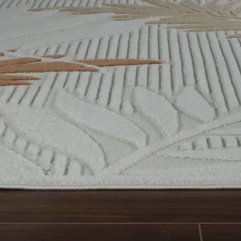 8' X 10' Cream and Beige Botanical Leaves Distressed Indoor Outdoor Area Rug
