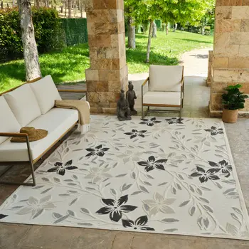 8' X 10' Cream And Gray Floral Distressed Indoor Outdoor Area Rug