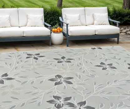 8' X 10' Cream And Gray Floral Distressed Indoor Outdoor Area Rug