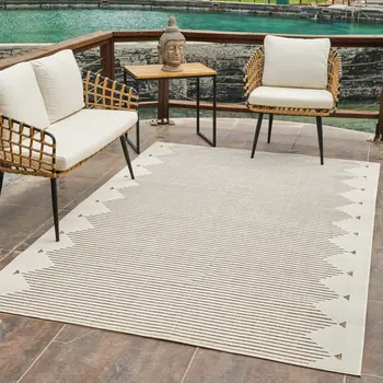 6' X 9' Beige And Brown Geometric Distressed Indoor Outdoor Area Rug