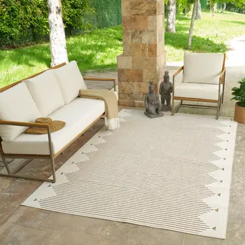 8' X 10' Beige and Brown Geometric Distressed Indoor Outdoor Area Rug