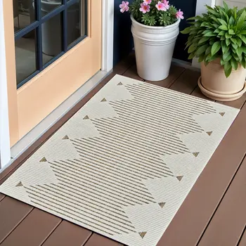 3' X 5' Beige And Brown Geometric Distressed Indoor Outdoor Area Rug