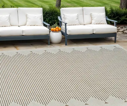 6' X 9' Beige And Brown Geometric Distressed Indoor Outdoor Area Rug