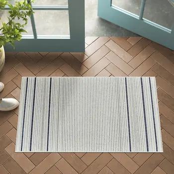3' X 5' Blue and Cream Striped Distressed Indoor Outdoor Area Rug