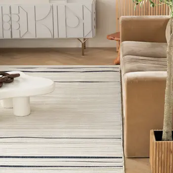 4' X 6' Blue and Cream Striped Distressed Indoor Outdoor Area Rug