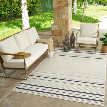 4' X 6' Blue and Cream Striped Distressed Indoor Outdoor Area Rug