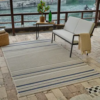 4' X 6' Blue and Cream Striped Distressed Indoor Outdoor Area Rug