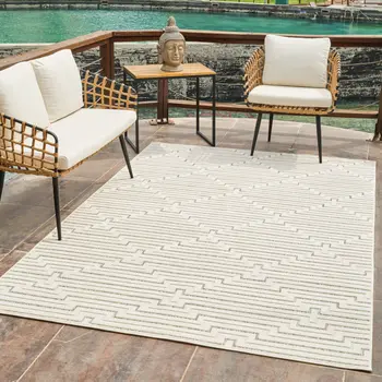 8' X 10' Cream and Beige Geometric Distressed Indoor Outdoor Area Rug
