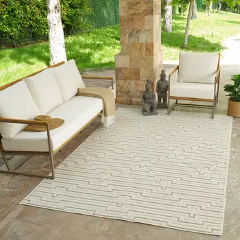 8' X 10' Cream and Beige Geometric Distressed Indoor Outdoor Area Rug