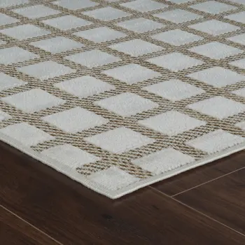 10' Cream and Beige Geometric Distressed Indoor Outdoor Runner Rug