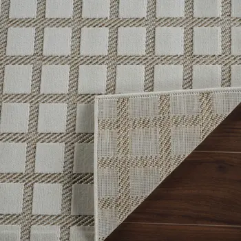 10' Cream and Beige Geometric Distressed Indoor Outdoor Runner Rug