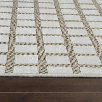 10' Cream and Beige Geometric Distressed Indoor Outdoor Runner Rug