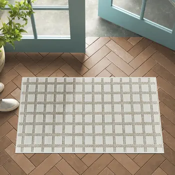 3' X 5' Cream and Beige Geometric Distressed Indoor Outdoor Area Rug