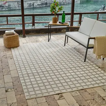 4' X 6' Cream and Beige Geometric Distressed Indoor Outdoor Area Rug