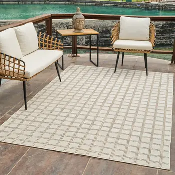 5' X 7' Cream and Beige Geometric Distressed Indoor Outdoor Area Rug