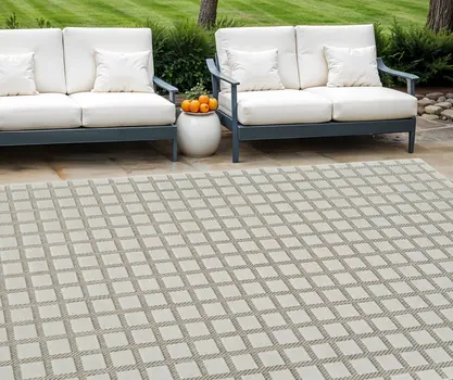 8' X 10' Cream and Beige Geometric Distressed Indoor Outdoor Area Rug