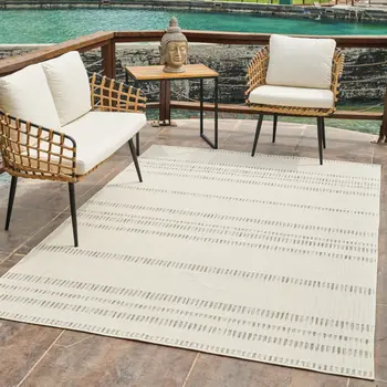 6' X 9' Cream and Beige Striped Distressed Indoor Outdoor Area Rug