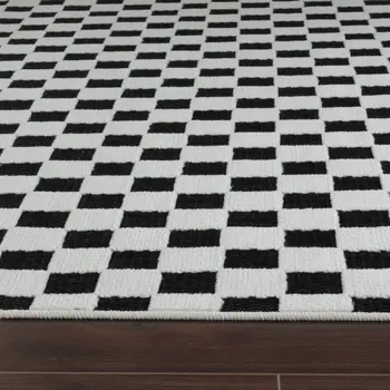 8' Black and White Geometric Distressed Indoor Outdoor Runner Rug