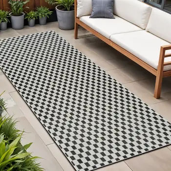 8' Black and White Geometric Distressed Indoor Outdoor Runner Rug