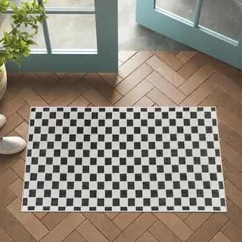 3' X 5' Black and White Geometric Distressed Indoor Outdoor Area Rug