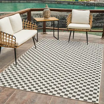 8' X 10' Black and White Geometric Distressed Indoor Outdoor Area Rug